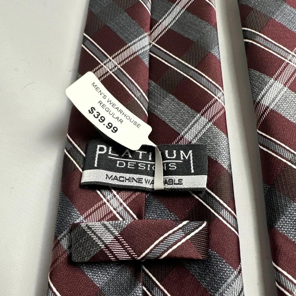 NWT Platinum Designs Neck Tie Mens Designer Luxury Gray Burgundy Plaid Business